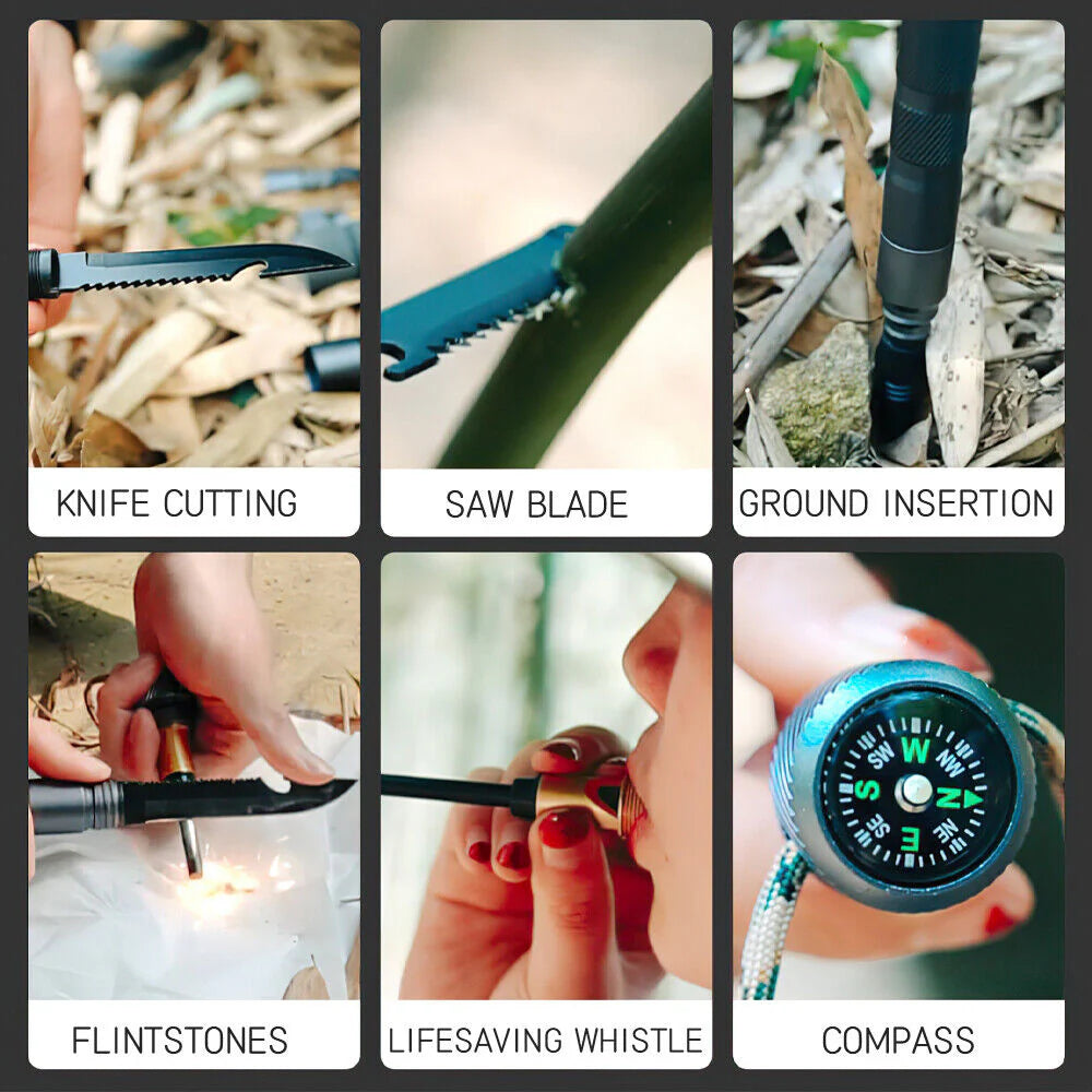 Tactical Hiking Walking Stick - Collapsible Survival Trekking Pole with Compass, Knife, Firestarter & Tungsten Icebreaker