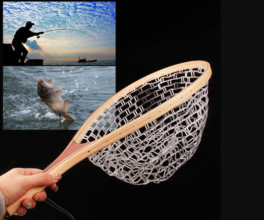 22-Inch Wooden Fly Fishing Net with Rubber Mesh