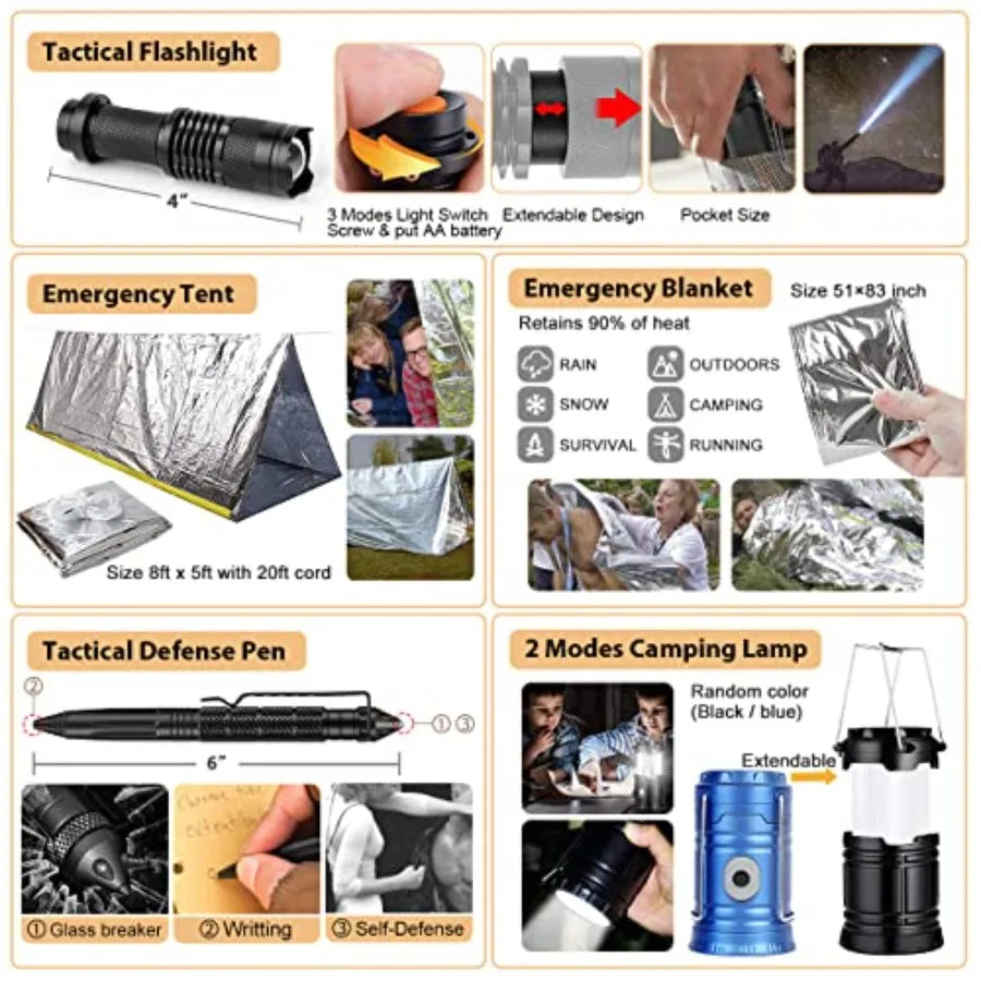 250-Piece Outdoor Survival & Emergency Kit - MOLLE Pouch, Folding Shovel, 15-in-1 Hammer, Paracord Bracelet, Emergency Tent & First Aid