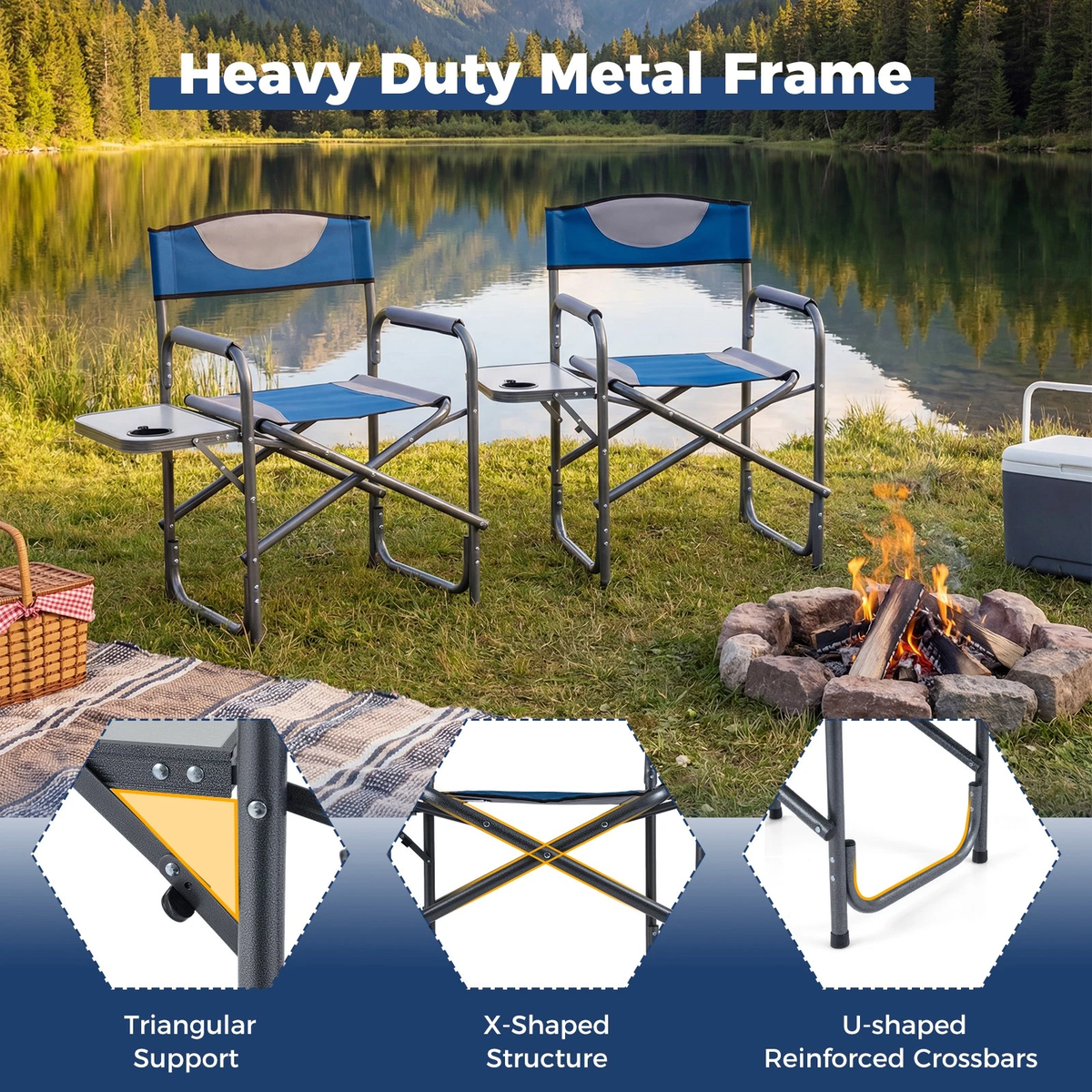 Folding Camping Chair, Lightweight Portable Directors Chair with Side Table