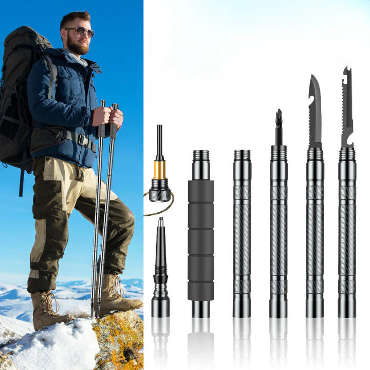 Tactical Hiking Walking Stick - Collapsible Survival Trekking Pole with Compass, Knife, Firestarter & Tungsten Icebreaker