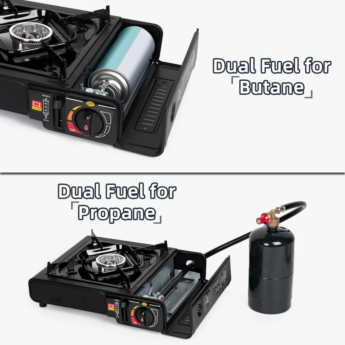 Portable Camping Stove — Dual Fuel with Case & 26in Propane Regulator Hose