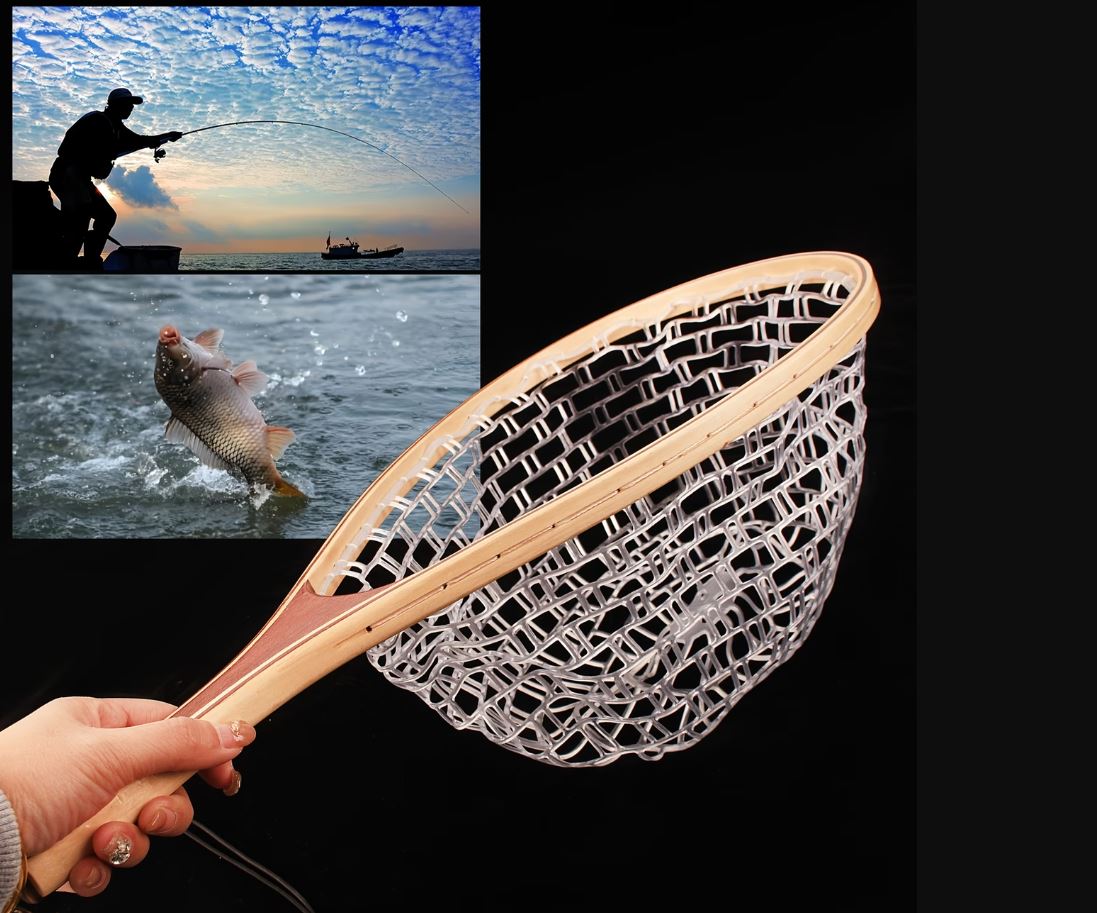 22-Inch Wooden Fly Fishing Net with Rubber Mesh