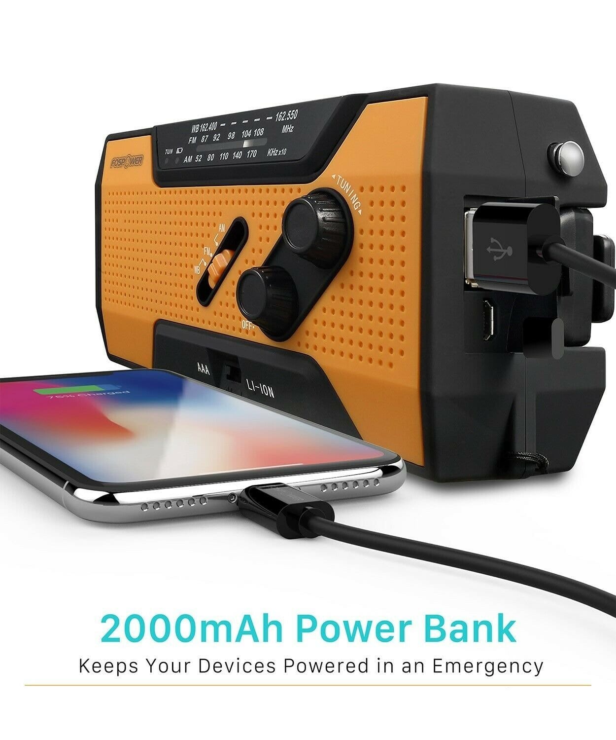 Emergency Solar Hand Crank Weather Radio with 2000mAh Power Bank & LED Flashlight