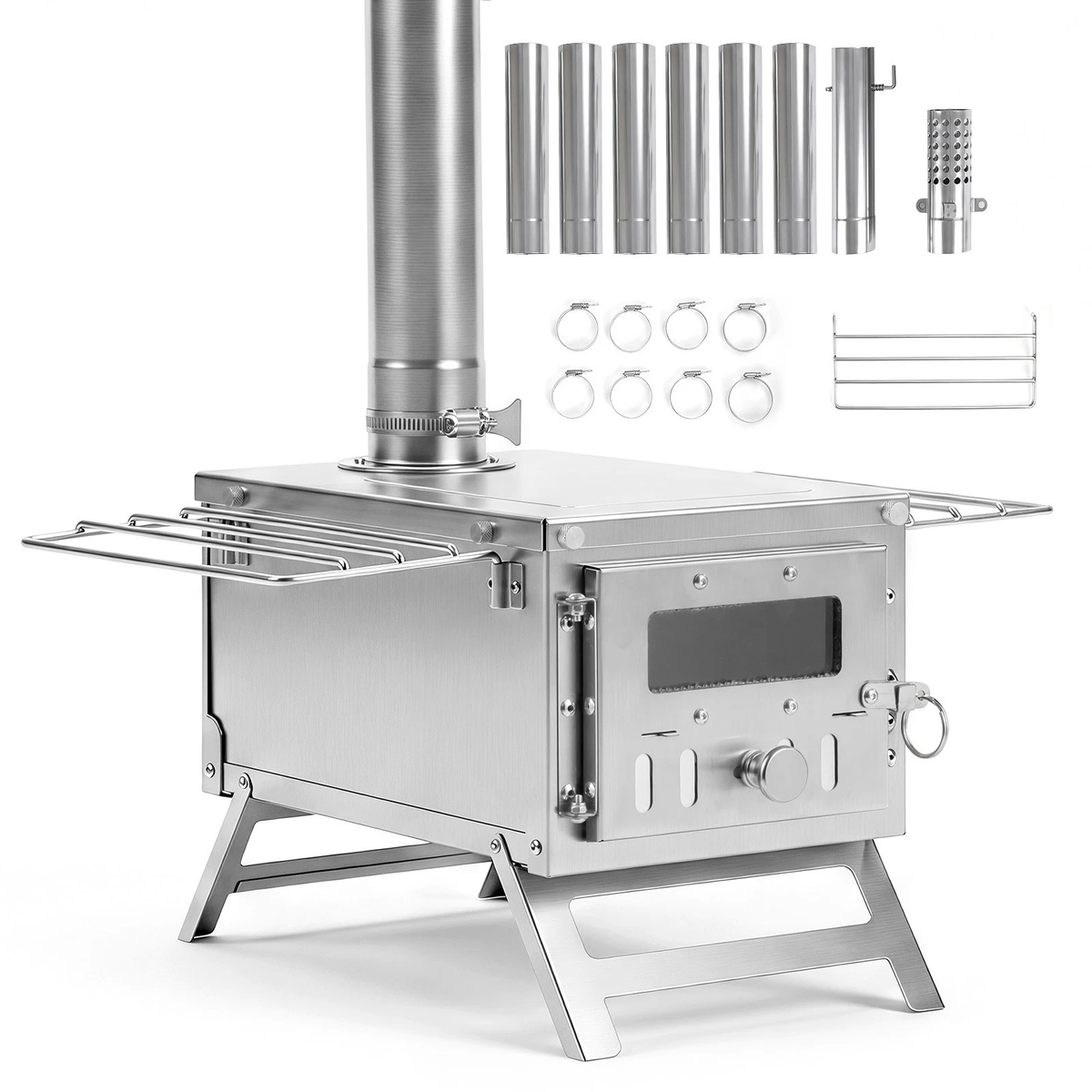 Hot Tent Stove, Portable Wood Burning Stove w/ 7 Chimney Pipes & Spark Arrestor