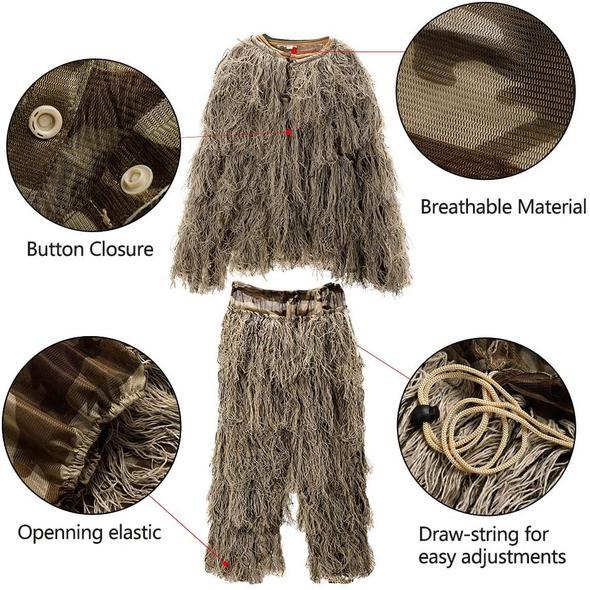 3D Camouflage Ghillie Suit Set with Jacket, Pants, Hood & Carry Bag 5-in-1