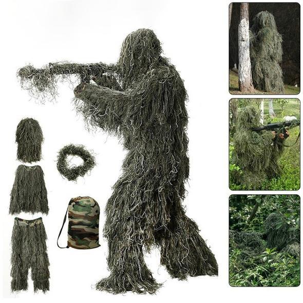 3D Camouflage Ghillie Suit Set with Jacket, Pants, Hood & Carry Bag 5-in-1