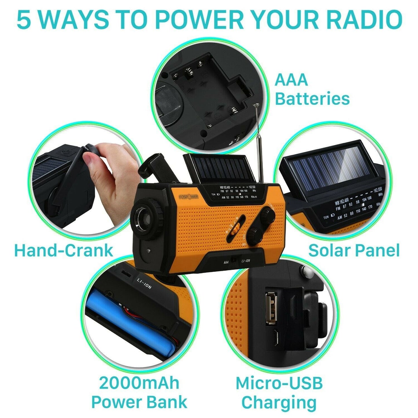 Emergency Solar Hand Crank Weather Radio with 2000mAh Power Bank & LED Flashlight