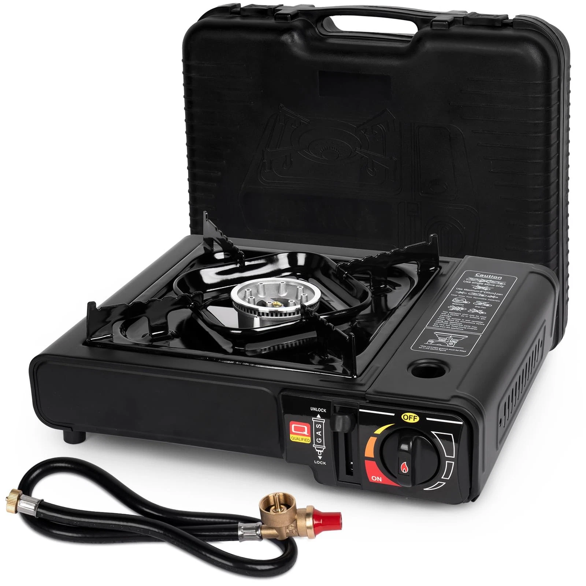 Portable Camping Stove — Dual Fuel with Case & 26in Propane Regulator Hose