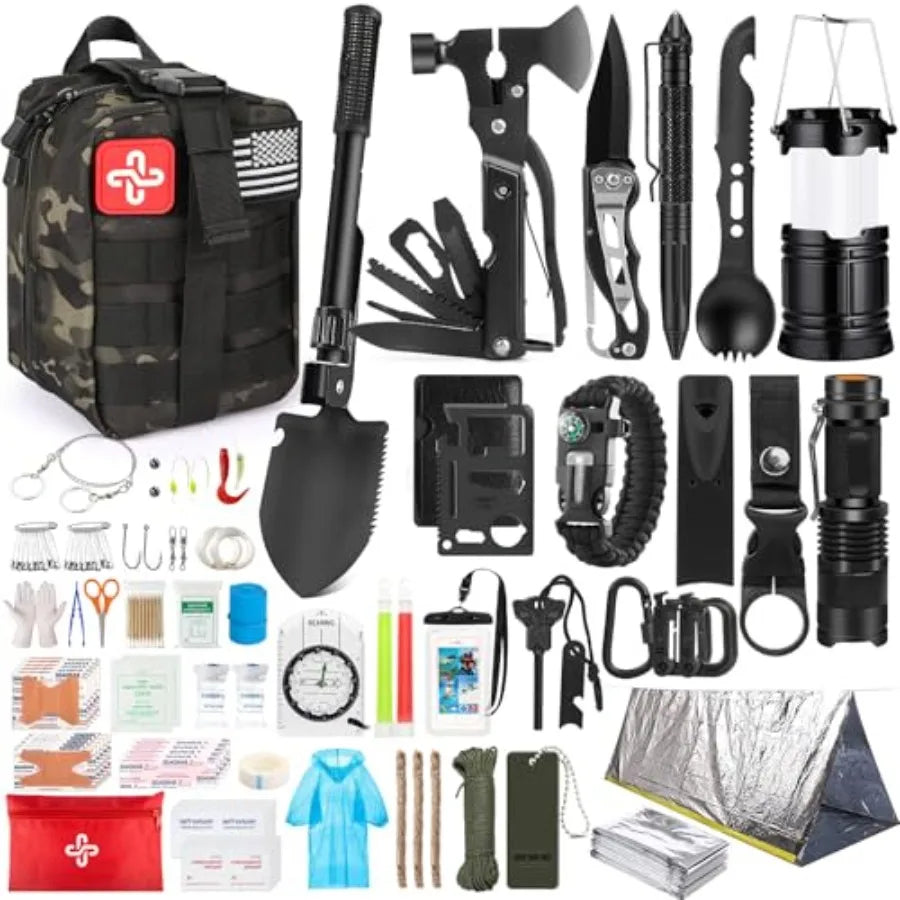 250-Piece Outdoor Survival & Emergency Kit - MOLLE Pouch, Folding Shovel, 15-in-1 Hammer, Paracord Bracelet, Emergency Tent & First Aid