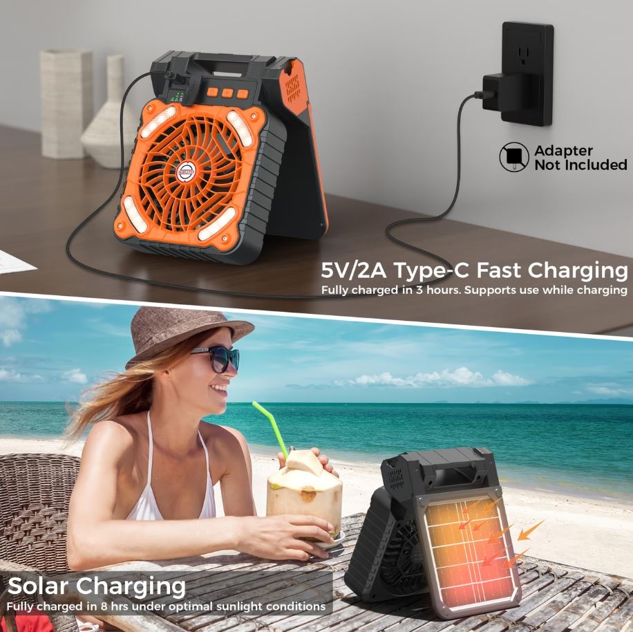 Portable Camping Battery Fan with Solar Panel