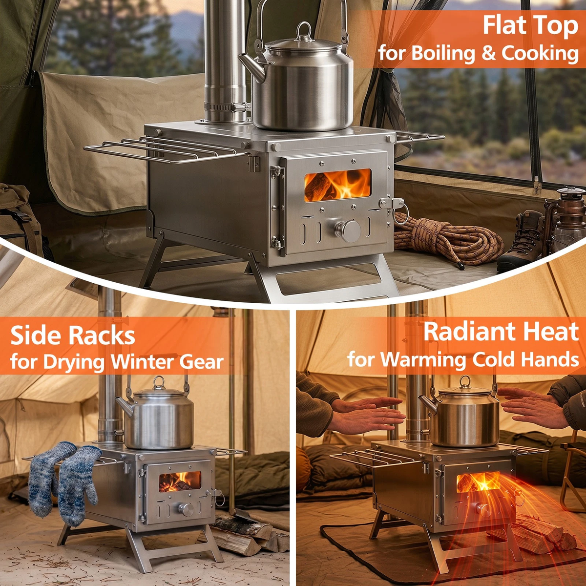Hot Tent Stove, Portable Wood Burning Stove w/ 7 Chimney Pipes & Spark Arrestor