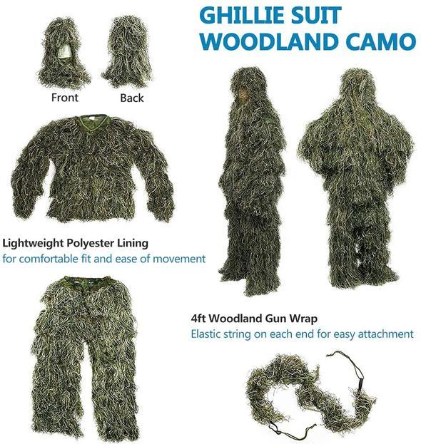 3D Camouflage Ghillie Suit Set with Jacket, Pants, Hood & Carry Bag 5-in-1