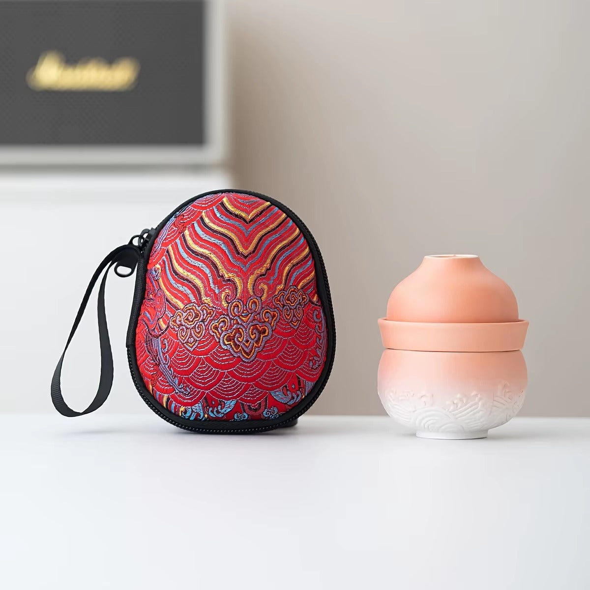 Portable Gourd-Shaped Ceramic Teapot - Kung Fu Tea Set with Storage Bag