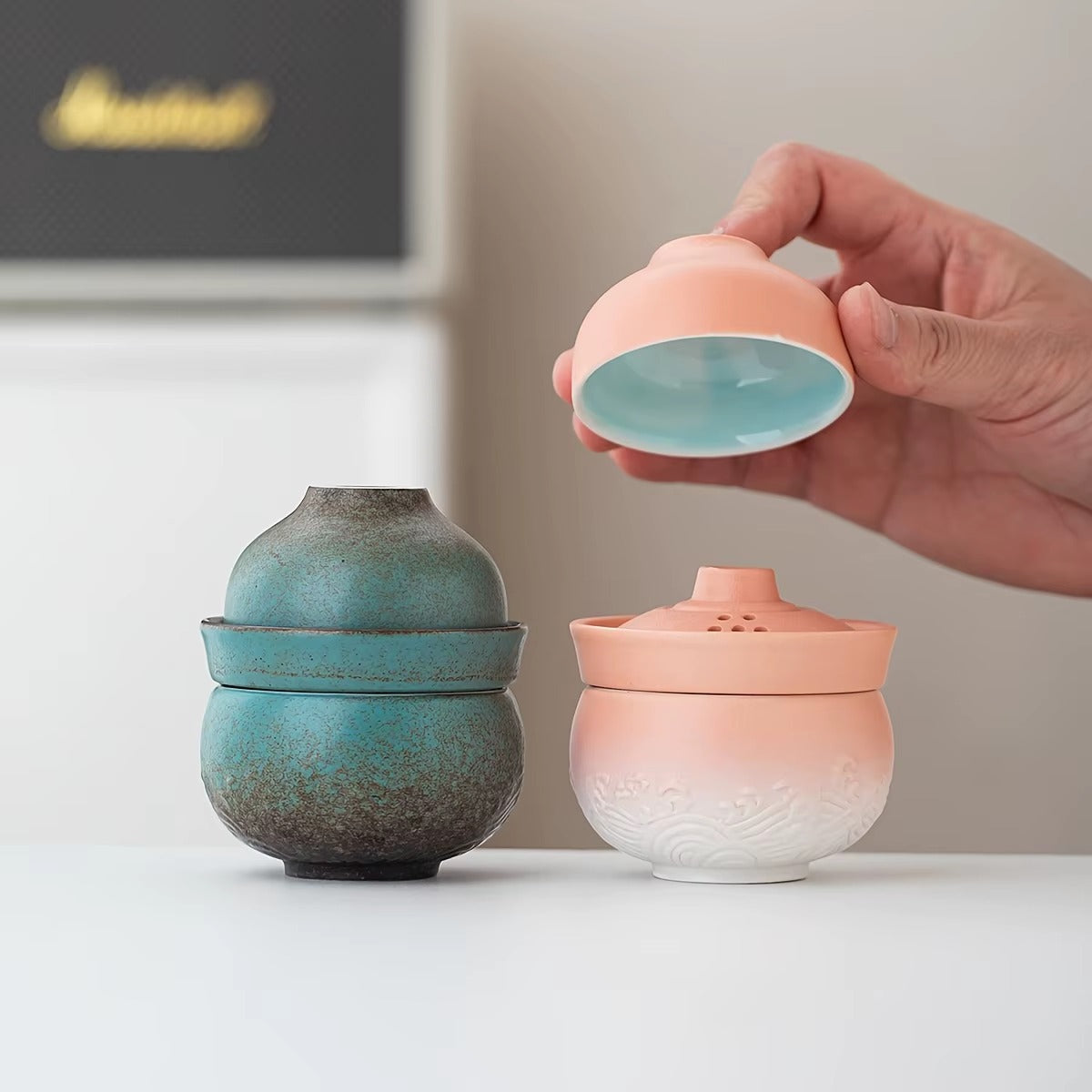 Portable Gourd-Shaped Ceramic Teapot - Kung Fu Tea Set with Storage Bag