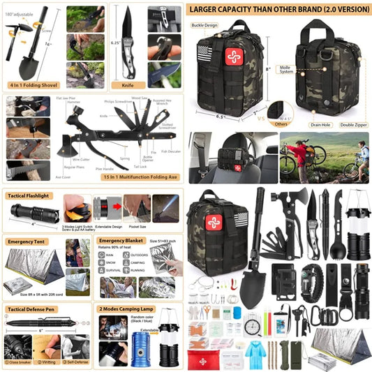 250-Piece Outdoor Survival & Emergency Kit - MOLLE Pouch, Folding Shovel, 15-in-1 Hammer, Paracord Bracelet, Emergency Tent & First Aid