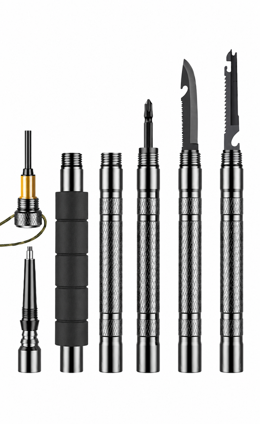 Tactical Hiking Walking Stick - Collapsible Survival Trekking Pole with Compass, Knife, Firestarter & Tungsten Icebreaker