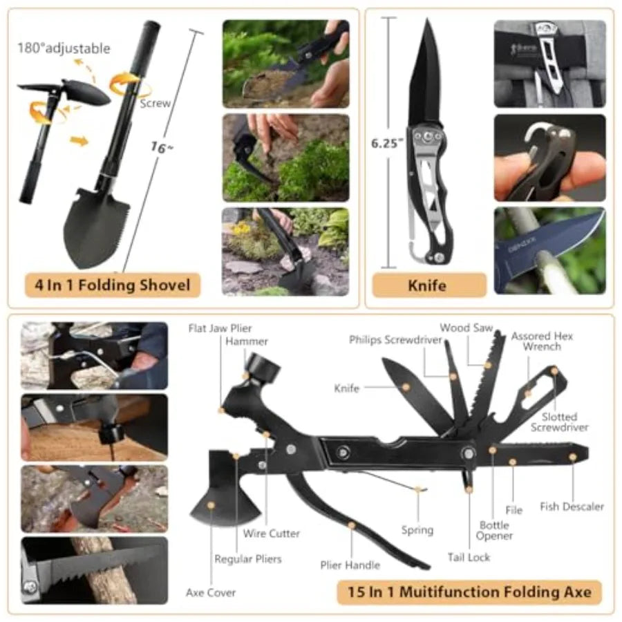 250-Piece Outdoor Survival & Emergency Kit - MOLLE Pouch, Folding Shovel, 15-in-1 Hammer, Paracord Bracelet, Emergency Tent & First Aid