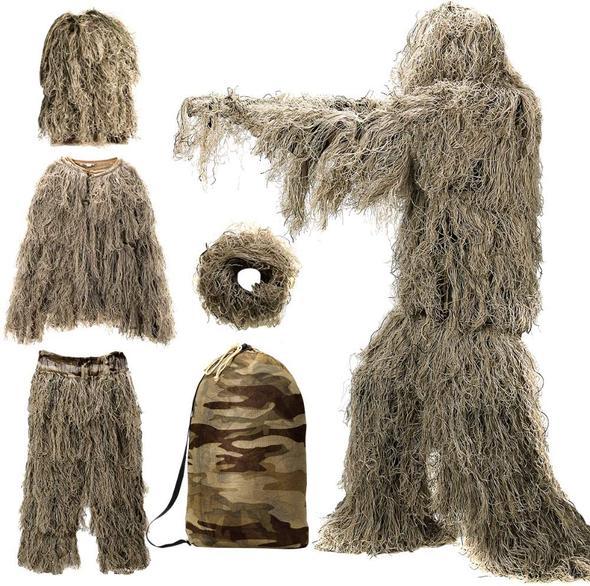 3D Camouflage Ghillie Suit Set with Jacket, Pants, Hood & Carry Bag 5-in-1
