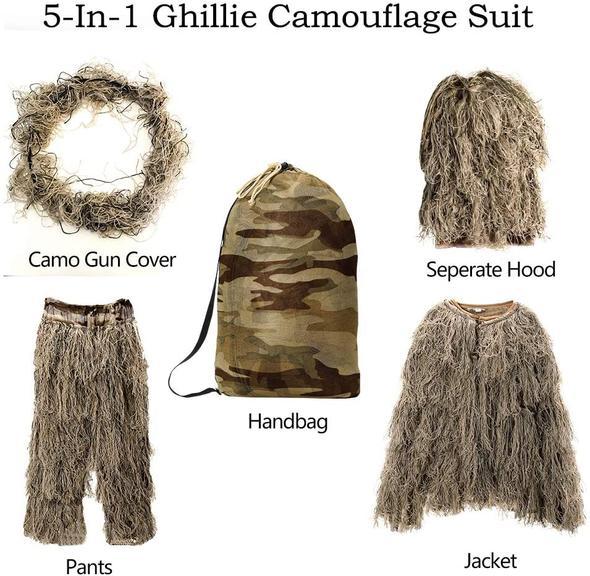 3D Camouflage Ghillie Suit Set with Jacket, Pants, Hood & Carry Bag 5-in-1