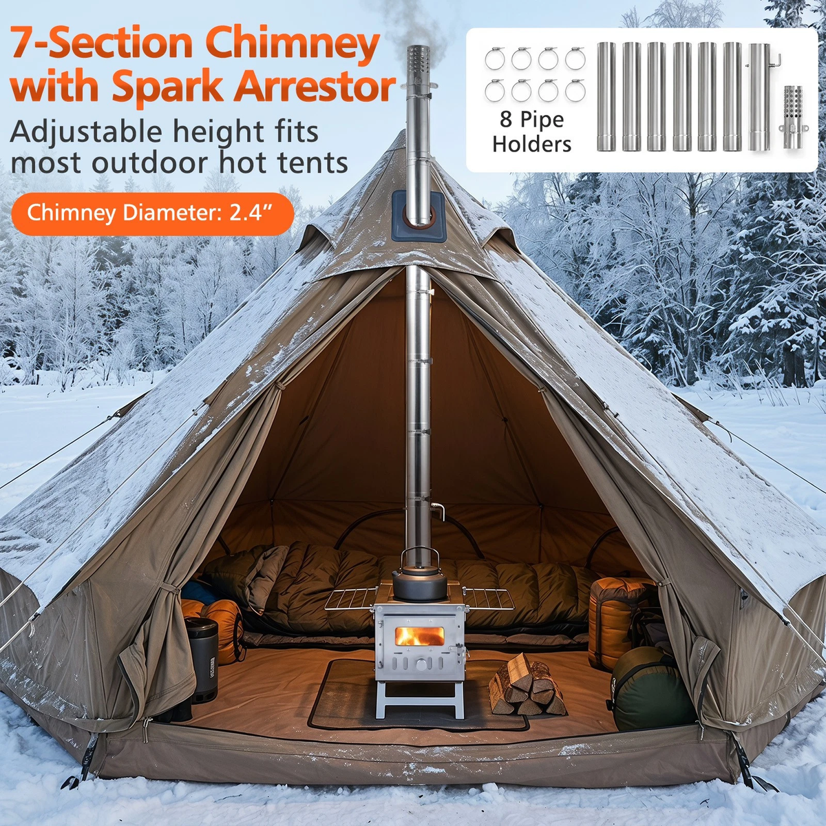 Hot Tent Stove, Portable Wood Burning Stove w/ 7 Chimney Pipes & Spark Arrestor