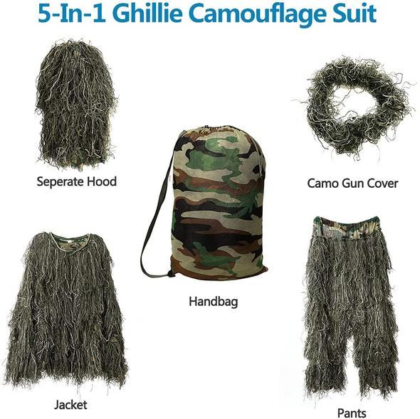 3D Camouflage Ghillie Suit Set with Jacket, Pants, Hood & Carry Bag 5-in-1