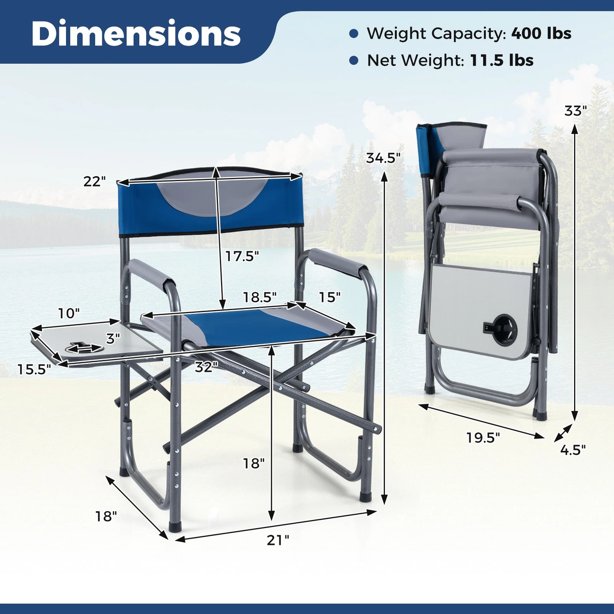 Folding Camping Chair, Lightweight Portable Directors Chair with Side Table