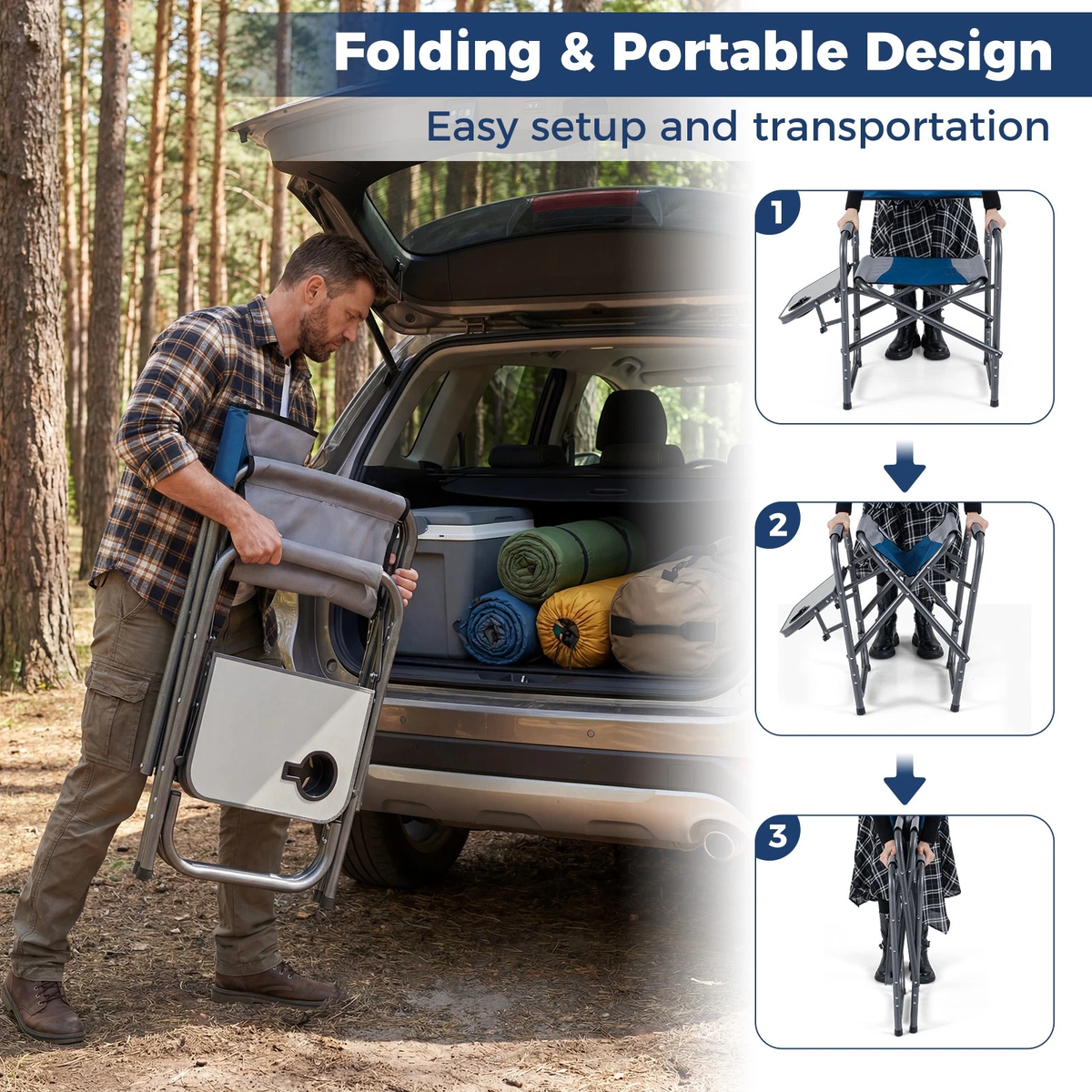 Folding Camping Chair, Lightweight Portable Directors Chair with Side Table