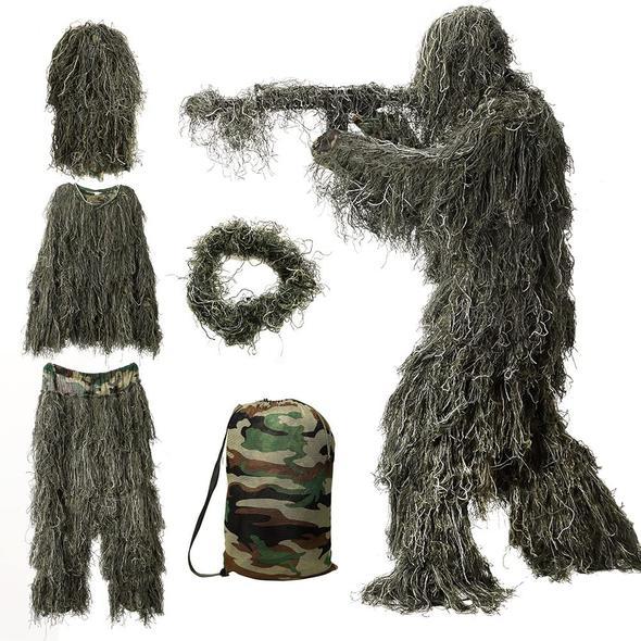 3D Camouflage Ghillie Suit Set with Jacket, Pants, Hood & Carry Bag 5-in-1