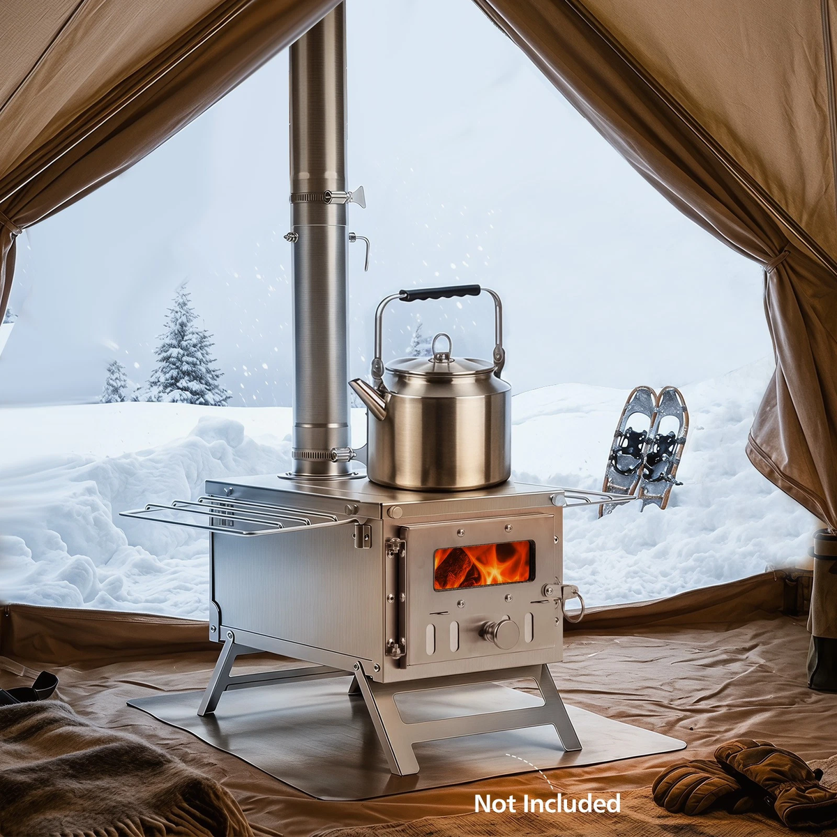 Hot Tent Stove, Portable Wood Burning Stove w/ 7 Chimney Pipes & Spark Arrestor