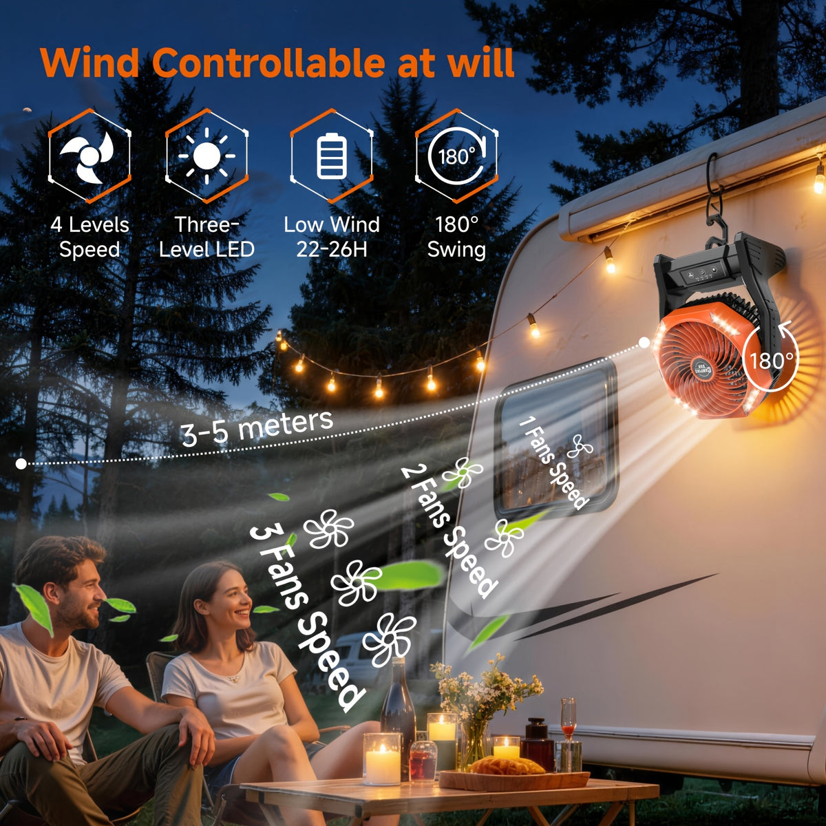 20000mAh Camping Fan with LED Light & Brushless Motor