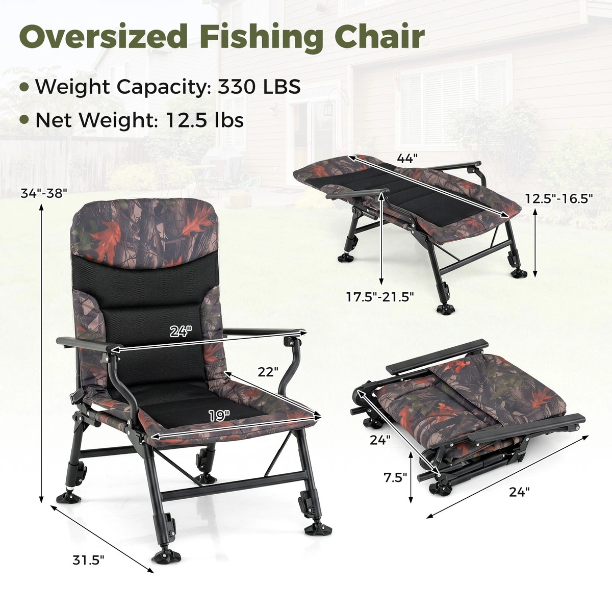 Oversized Foldable Fishing Chair — Camping Chair w/ Large Adjustable Feet & Armrest
