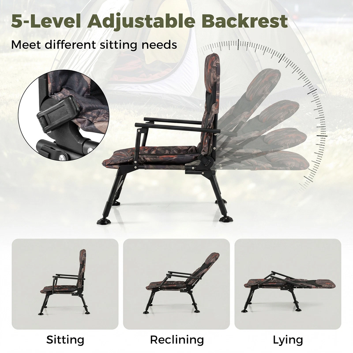 Oversized Foldable Fishing Chair — Camping Chair w/ Large Adjustable Feet & Armrest