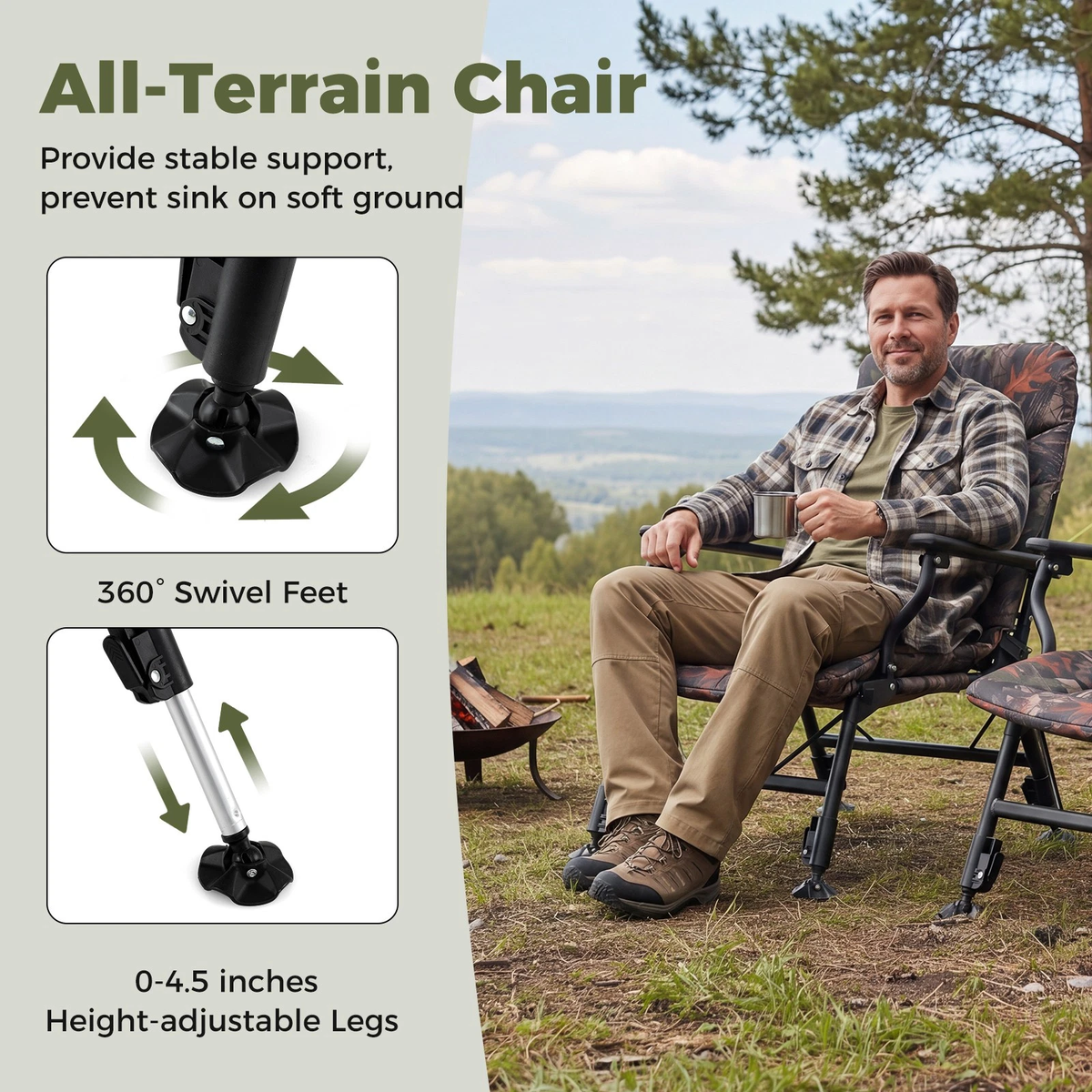 Oversized Foldable Fishing Chair — Camping Chair w/ Large Adjustable Feet & Armrest