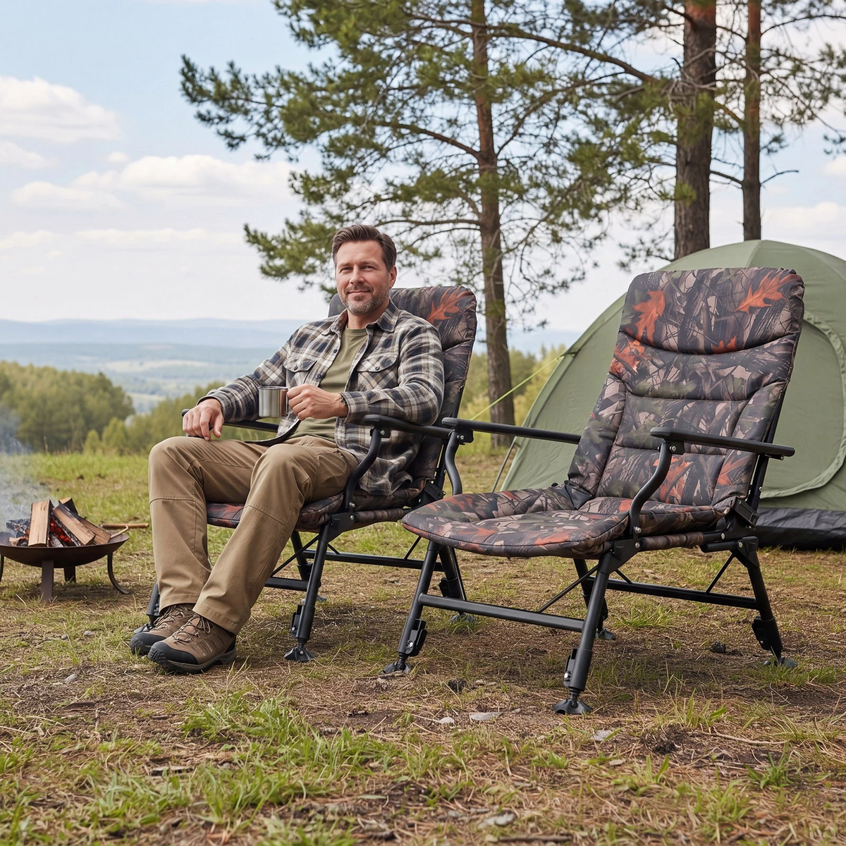 Oversized Foldable Fishing Chair — Camping Chair w/ Large Adjustable Feet & Armrest