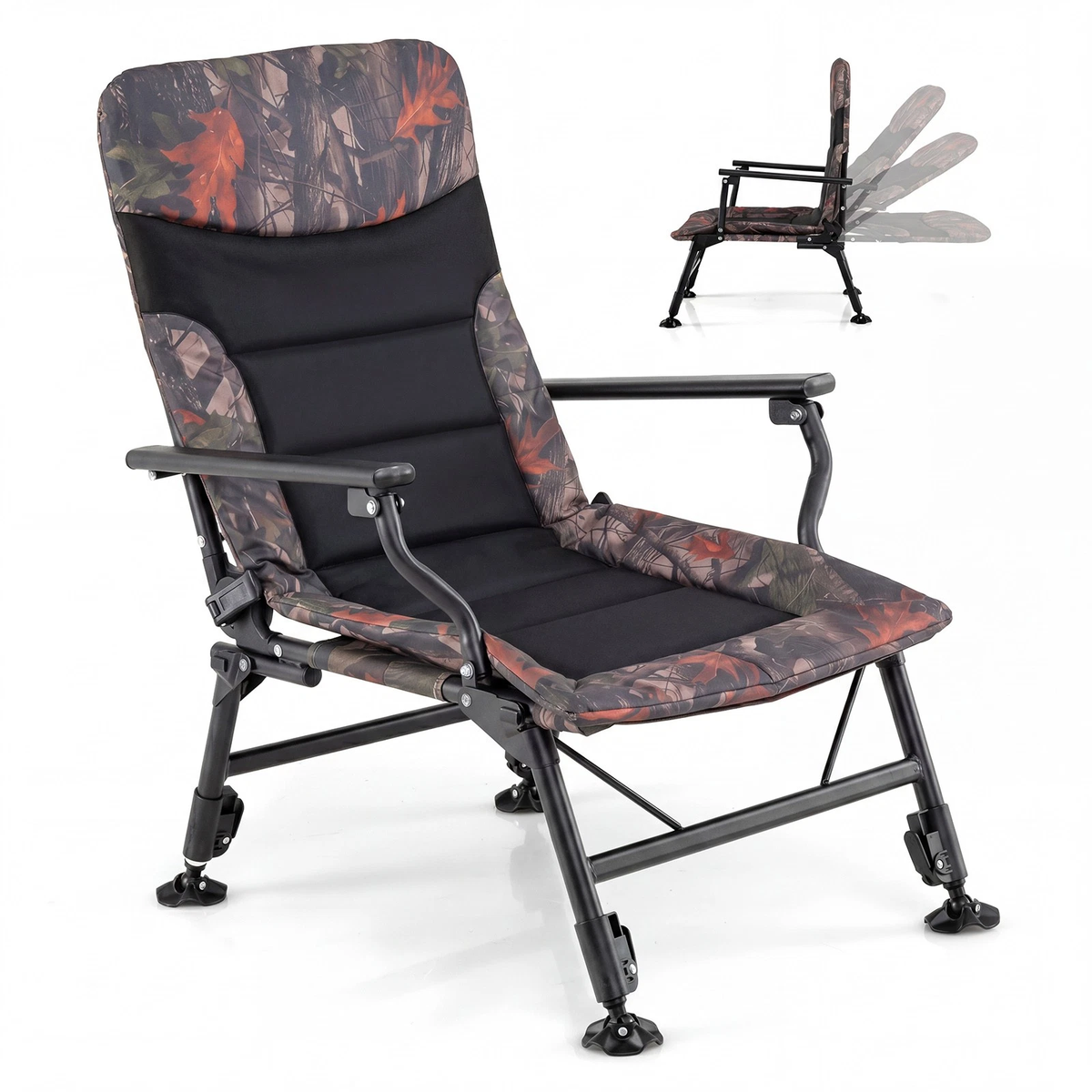 Oversized Foldable Fishing Chair — Camping Chair w/ Large Adjustable Feet & Armrest