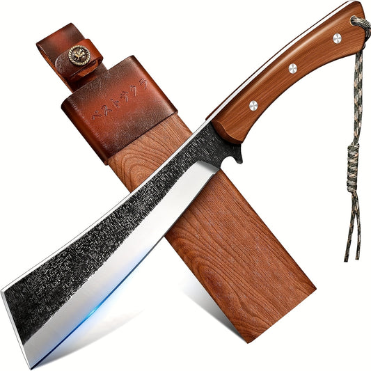 Full-Tang Splitting Knife — Hammered Blade with Leather Sheath
