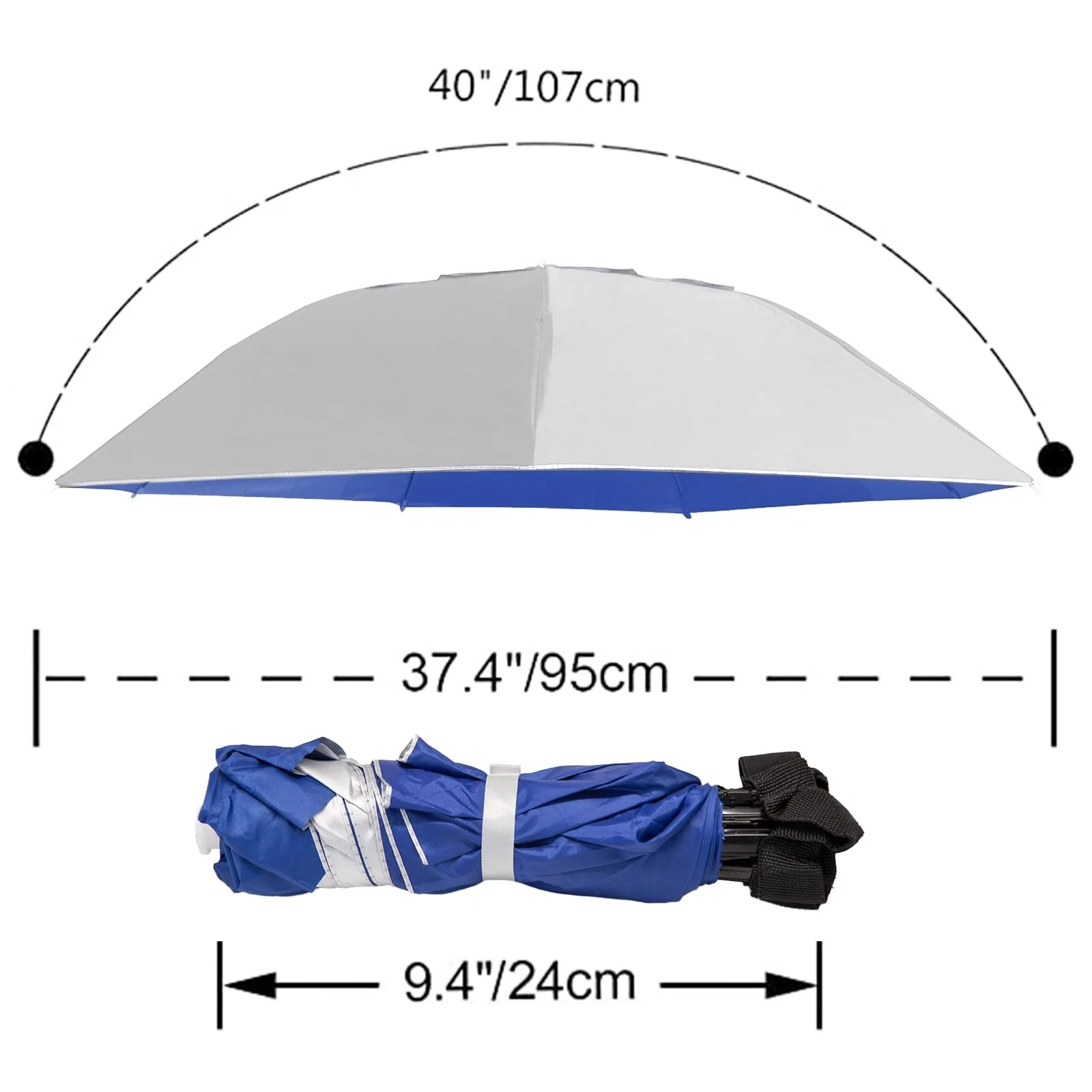 Hands-Free Umbrella Hat dimensions — 40"/107cm arc, 37.4"/95cm across, folds to 9.4"/24cm