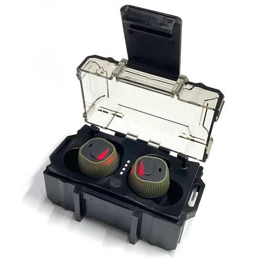 SNO electronic shooting earbuds in charging case