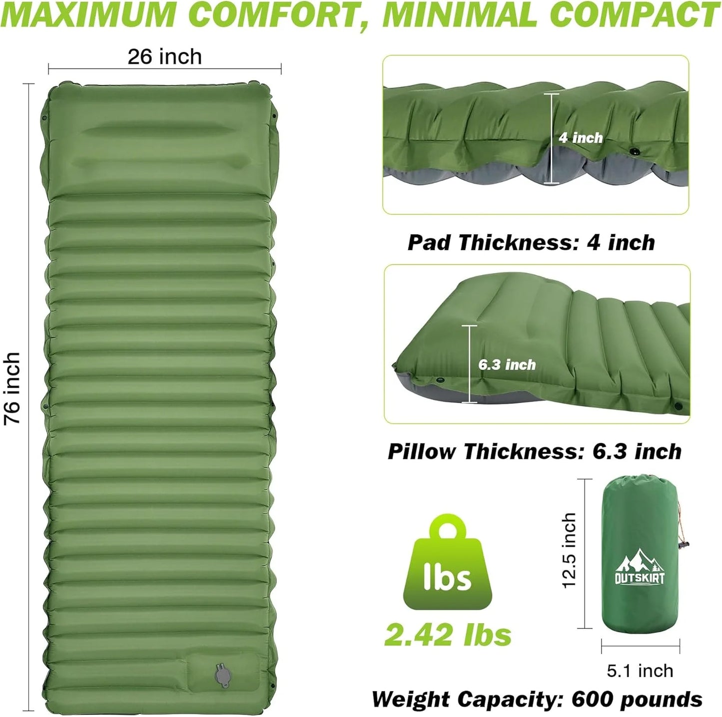 Ultralight Camping Sleeping Pad with Built-In Pump & Pillow
