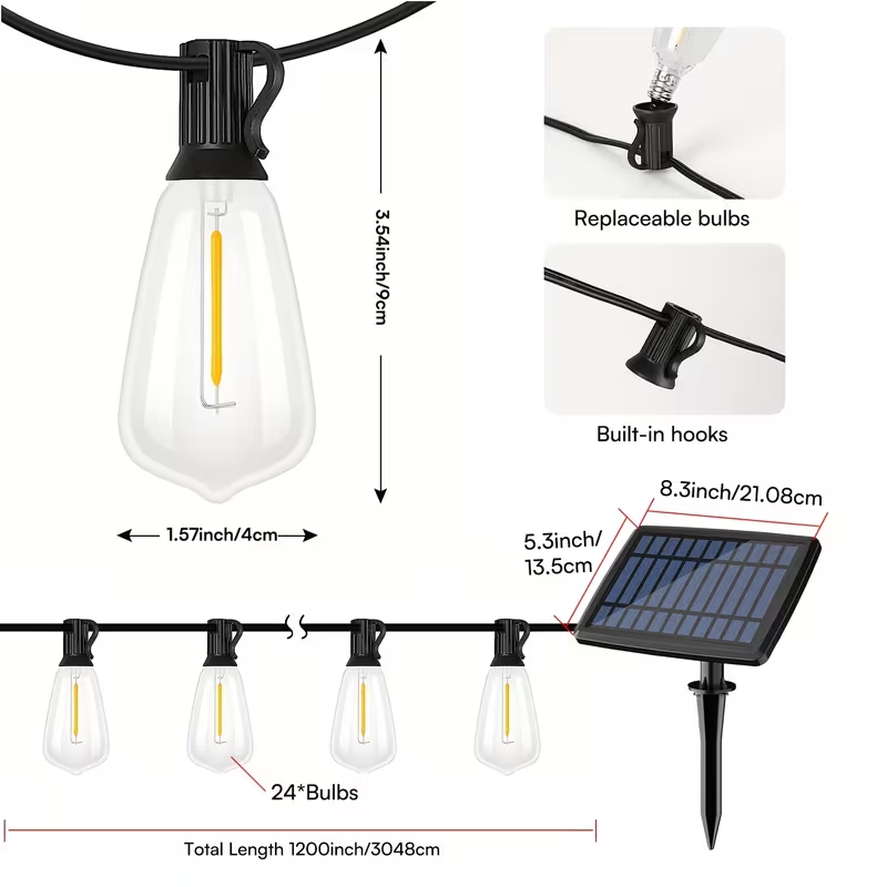 Solar Outdoor String Lights — Shatterproof ST38 Edison Bulbs