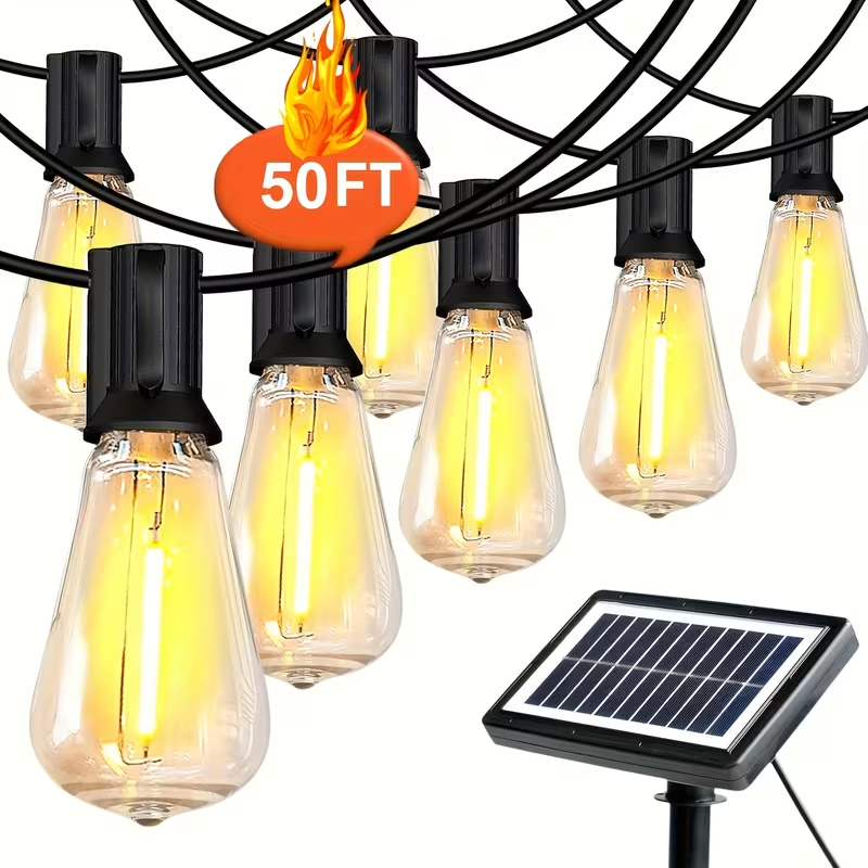 Solar Outdoor String Lights — Shatterproof ST38 Edison Bulbs