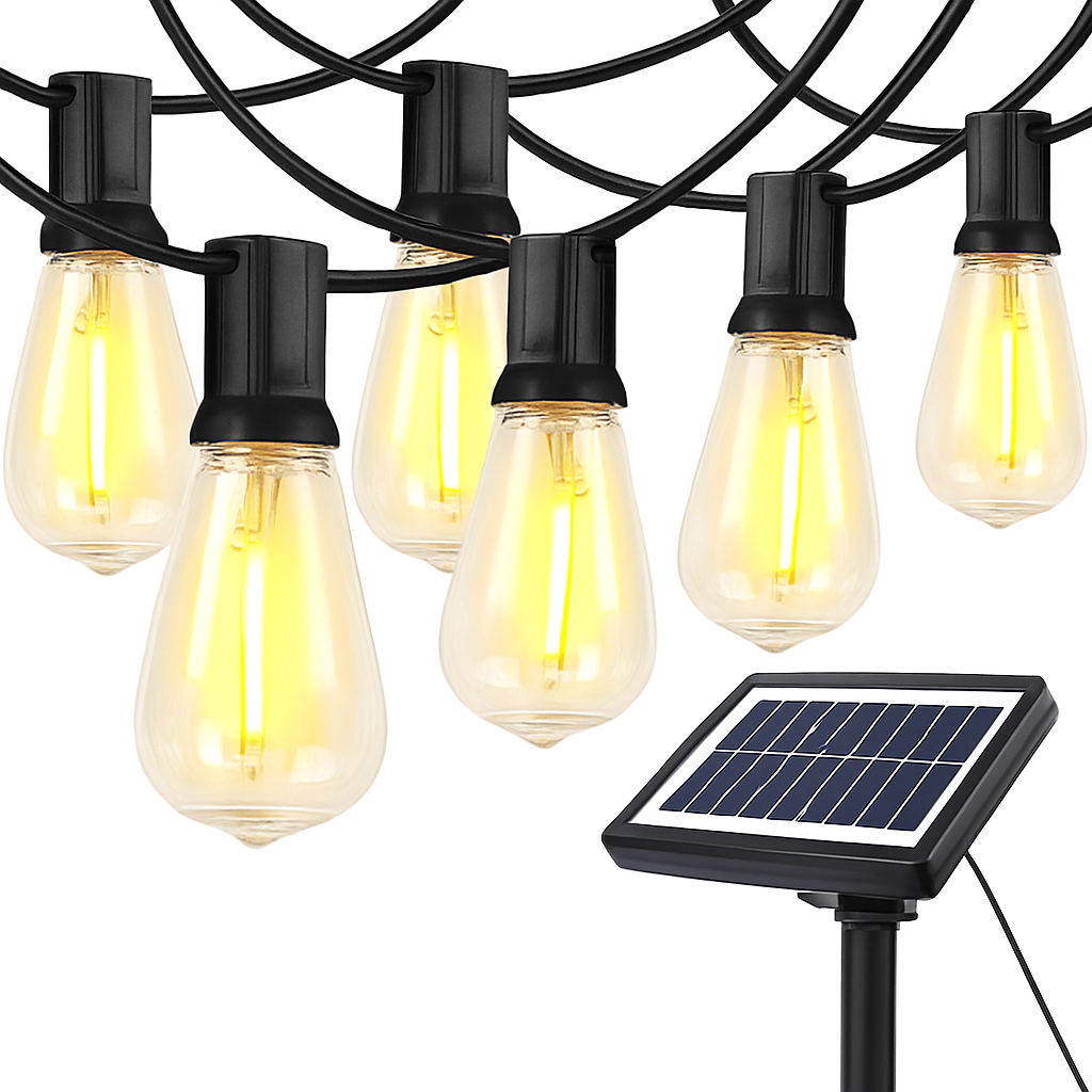 Solar Outdoor String Lights — Shatterproof ST38 Edison Bulbs
